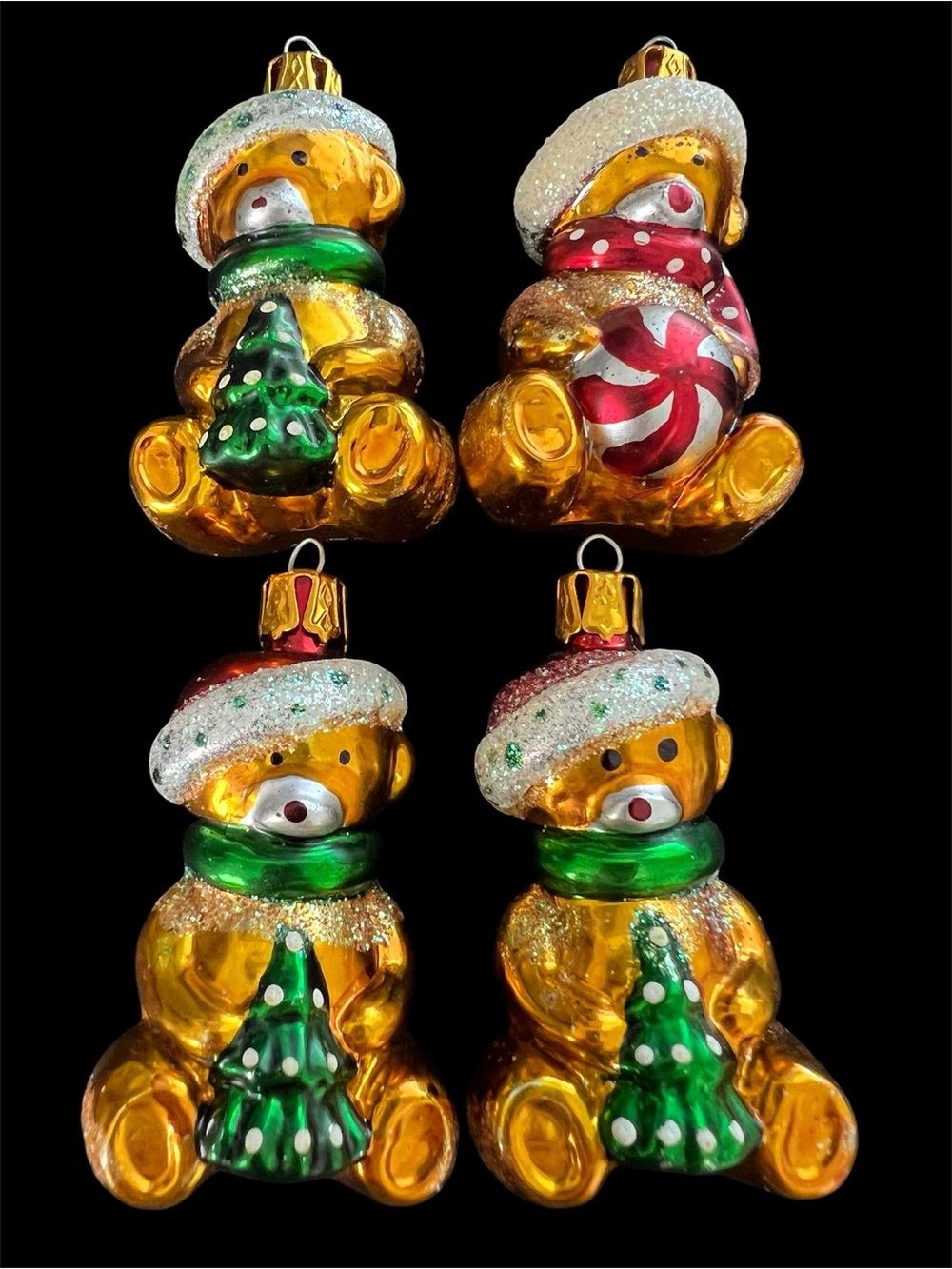 Kurt Adler Gold Glass Teddy Bear Santa Christmas Ornaments - Set of 4